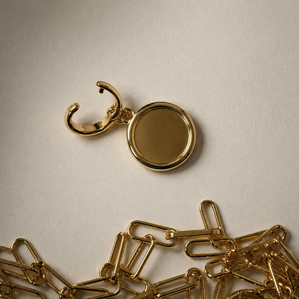 The gold tone Make Savage Black Enamel Charm seen from the back with its clasp open.